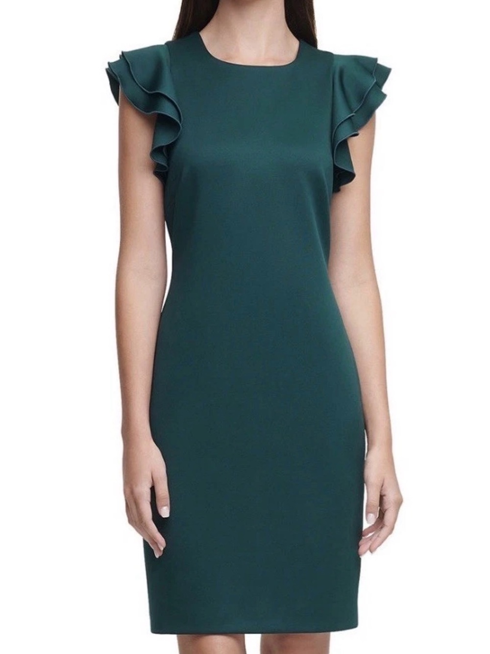 Tommy Hilfiger Dark Green Sheath Mini Dress with Ruffle Sleeves, size 10.